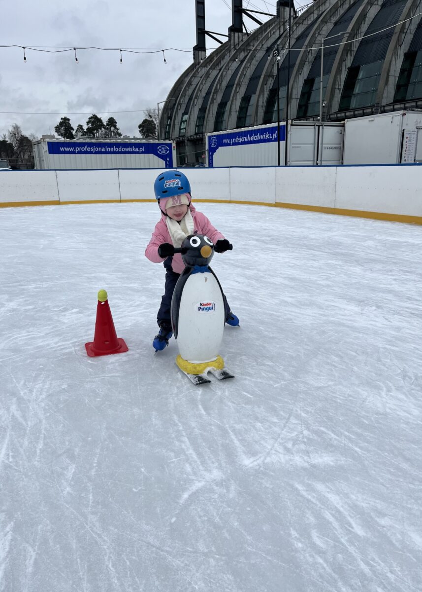 Maja już pewna siebie na łyżwach pcha pingwina