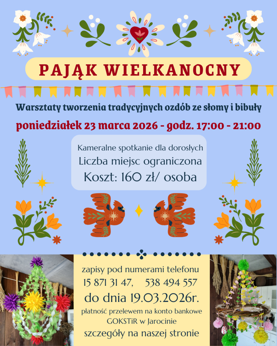 Plakat na pająki wielkanocne, gdzie ma te same informacje co na stronie.