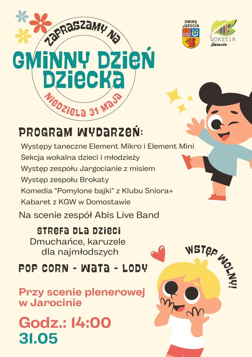 plakat na gminny dzień dziecka który się odbędzie 31 maja 2026r. przy scenie plenerowej w Jarocinie