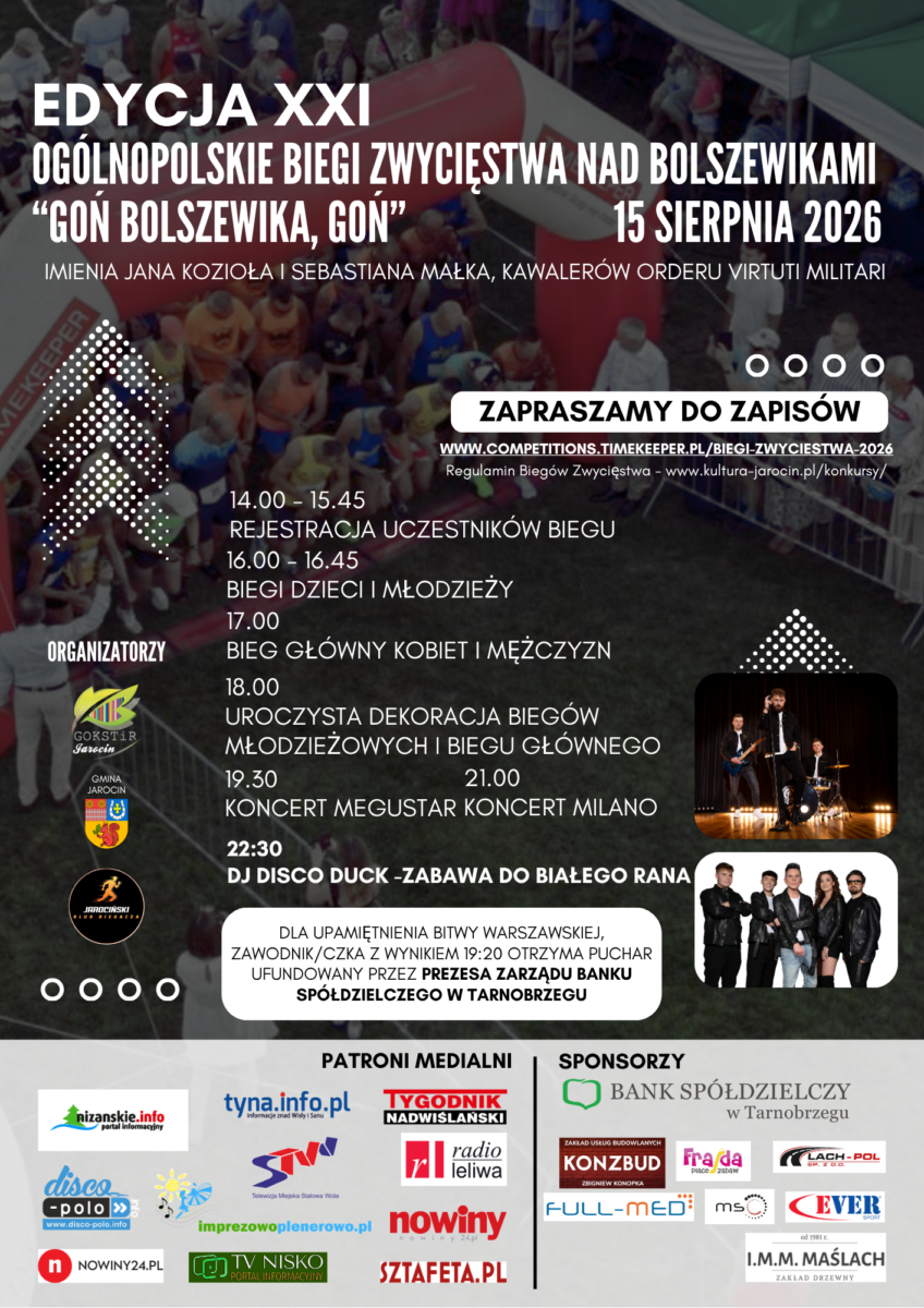 biegi.2026 plakat z XXI ogólnopolskie biegi zwycięstwa nad bolszewikami “Goń bolszewika, goń” 15 SIERPNIA 2026